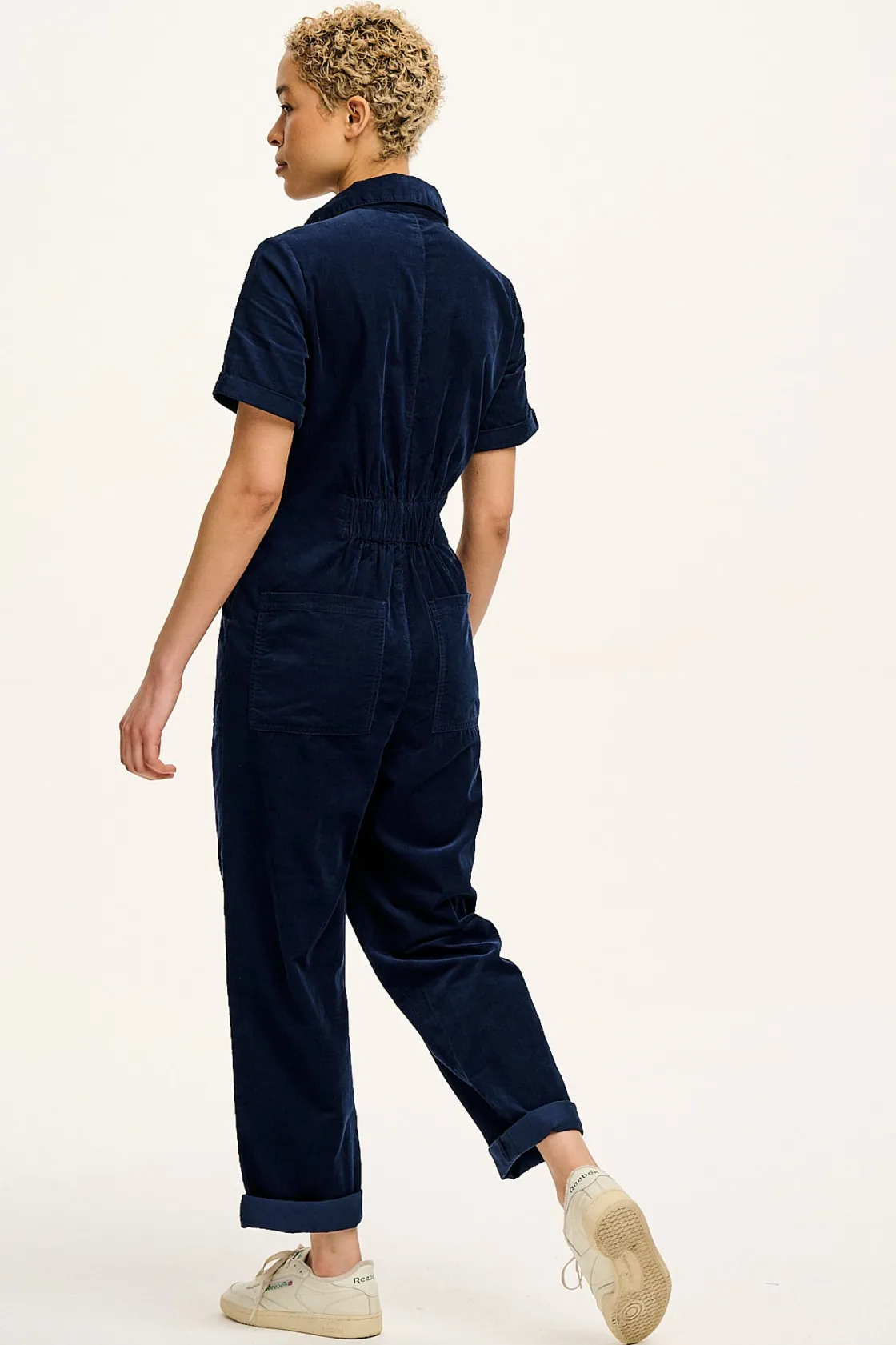 Lucy & Yak Rex - Short Sleeve Corduroy Jumpsuit in Navy Blue Outlet