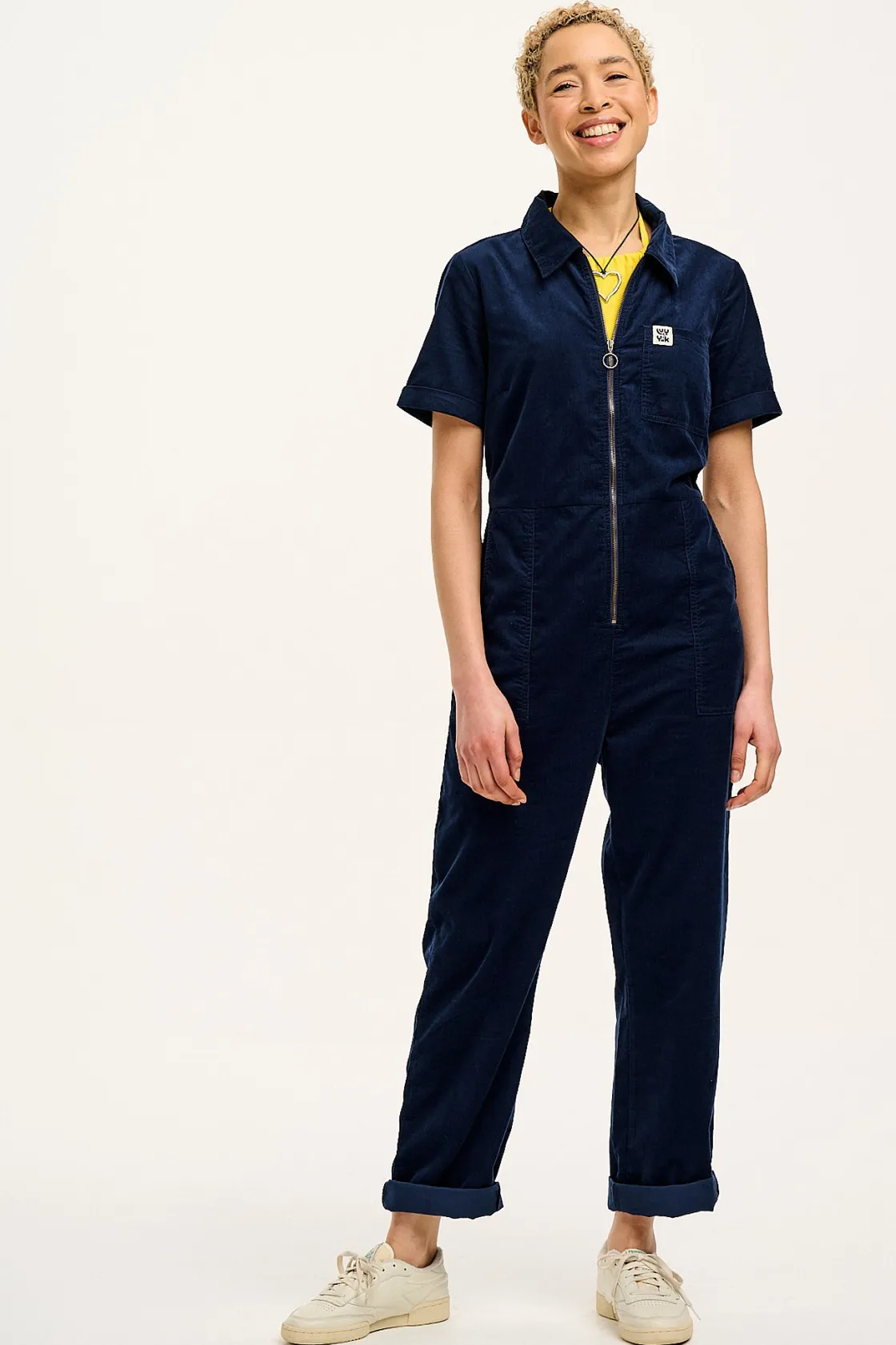 Lucy & Yak Rex - Short Sleeve Corduroy Jumpsuit in Navy Blue Outlet