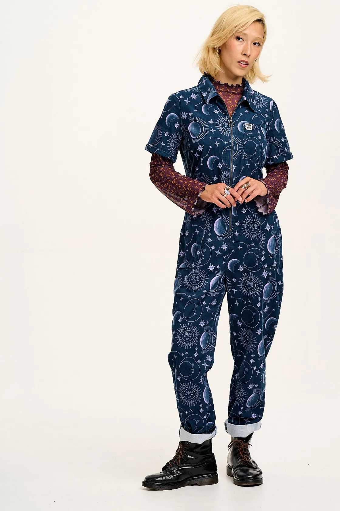 Lucy & Yak Rex - Short Sleeve Corduroy Jumpsuit in Aurora Print Clearance