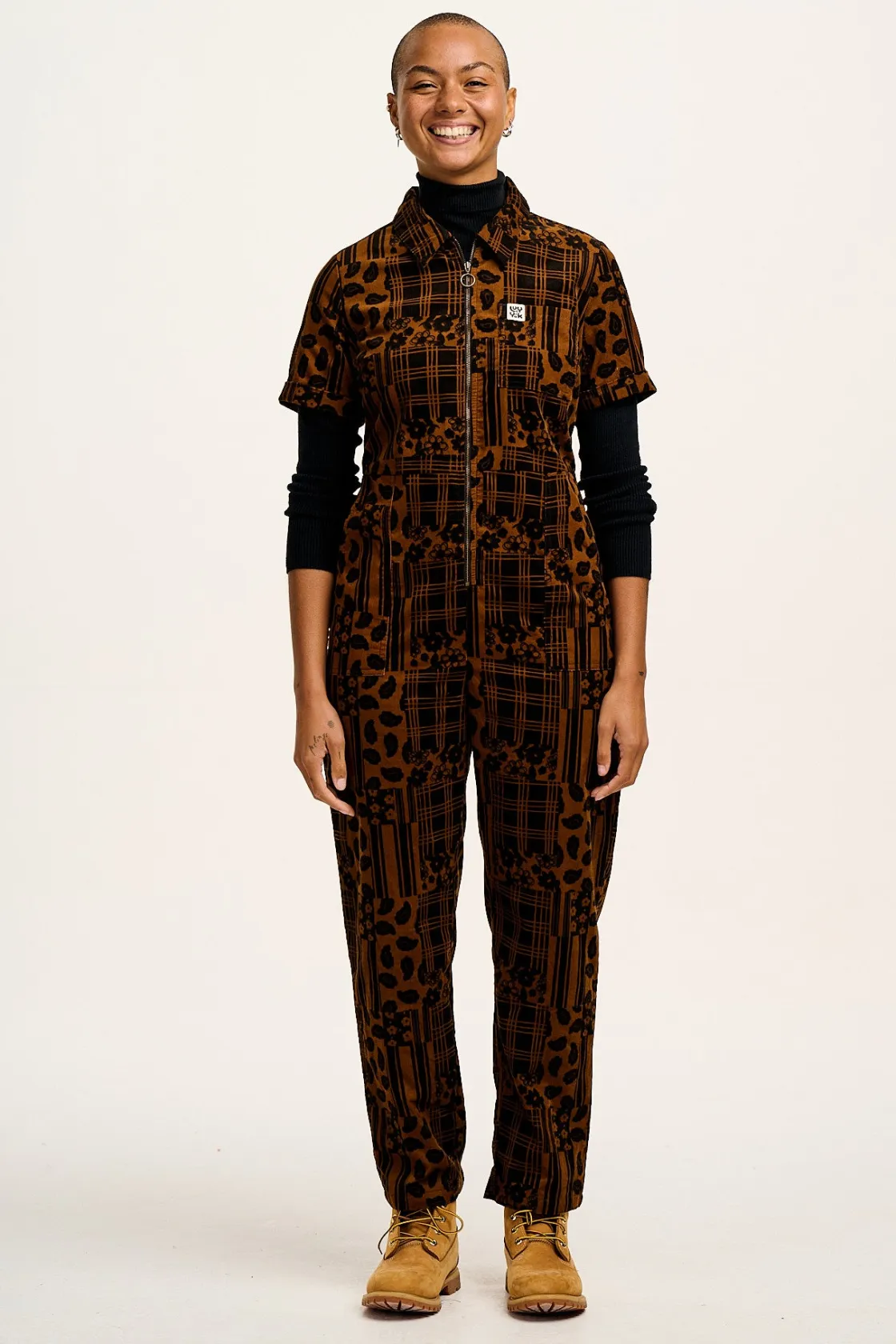 Lucy & Yak Rex - Short Sleeve Corduroy Jumpsuit in Brown Penny Patchwork Print Clearance