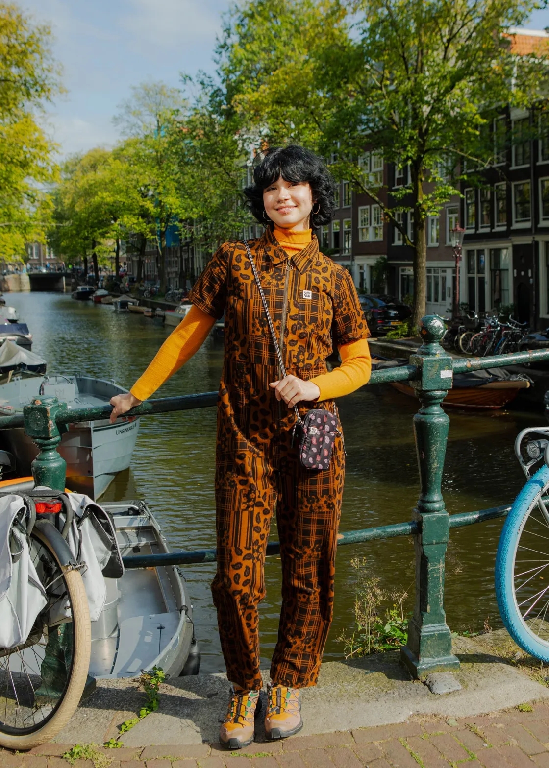 Lucy & Yak Rex - Short Sleeve Corduroy Jumpsuit in Brown Penny Patchwork Print Clearance