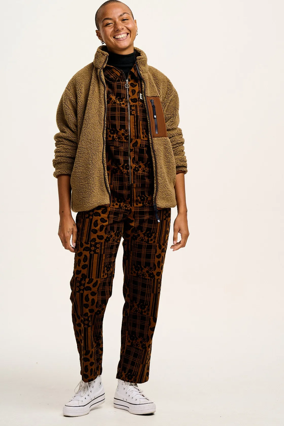 Lucy & Yak Rex - Short Sleeve Corduroy Jumpsuit in Brown Penny Patchwork Print Clearance