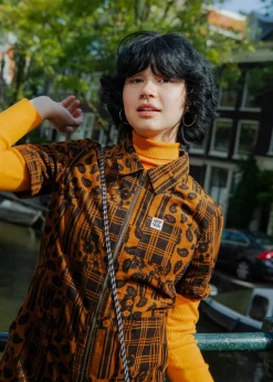 Lucy & Yak Rex - Short Sleeve Corduroy Jumpsuit in Brown Penny Patchwork Print Clearance