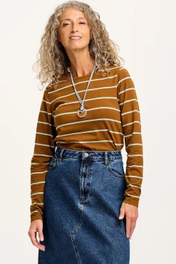 Lucy & Yak Rey - Long Sleeve Cotton Top in Caramel Stripe Fashion