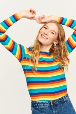 Lucy & Yak Rey - Long Sleeve Cotton Top in Rainbow Stripe Online