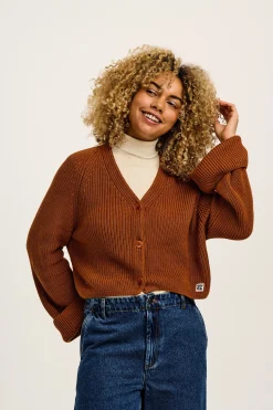 Lucy & Yak Robyn - V-Neck Knitted Cardigan in Caramel Cafe brown New