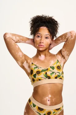 Lucy & Yak Ruby - Crop Top Cotton & Bamboo Bralette in Cream Sunflower Print New