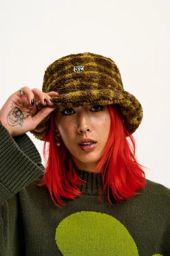 Lucy & Yak Travis - Borg Fleece Bucket Hat in Brown Cher Check Print Sale