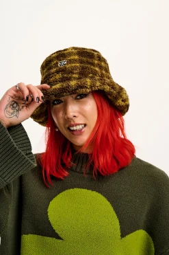 Lucy & Yak Travis - Borg Fleece Bucket Hat in Brown Cher Check Print Sale